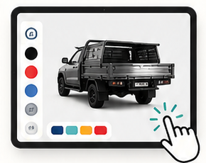 A tablet showing a dual-cab ute with a tray and headboard, beside a vertical colour picker of factory paint swatches and a hand tapping the screen.