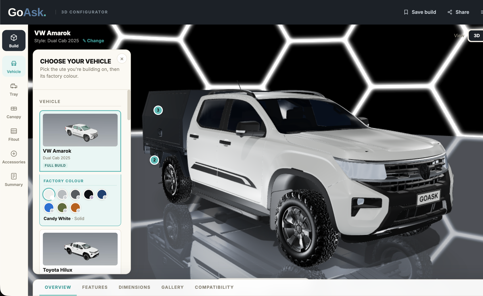 A VW Amarok Dual Cab 2025 with a black canopy on a hexagon-lit studio floor, beside the CHOOSE YOUR VEHICLE panel of the GoAsk 3D Configurator showing the vehicle list with Toyota Hilux below and round factory colour swatches with Candy White solid selected.