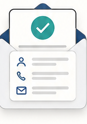 An open envelope with a card sliding out, showing a tick in a teal circle above filled-in name, phone and email fields.