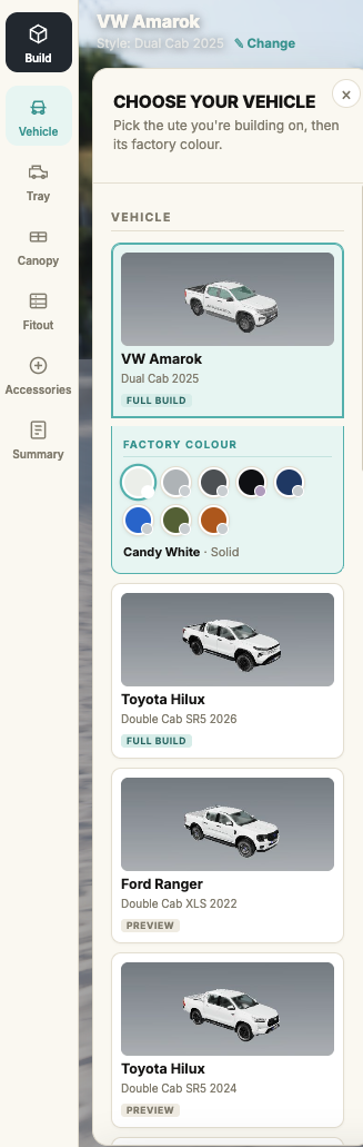 The GoAsk 3D Configurator on a phone showing the CHOOSE YOUR VEHICLE list with the VW Amarok, Toyota Hilux and Ford Ranger and the factory colour swatches.