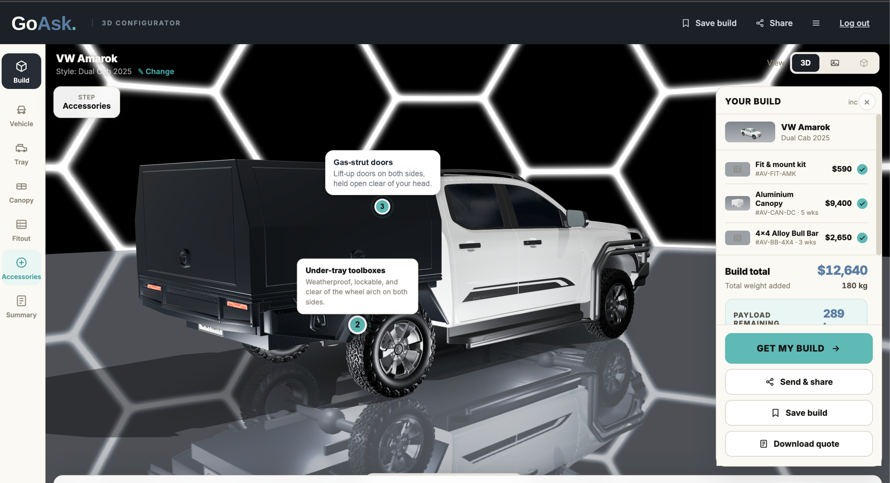 The GoAsk 3D Configurator showing a VW Amarok build with two numbered hotspots explained in tooltips - Gas-strut doors and under-tray toolboxes - beside the live YOUR BUILD summary panel.