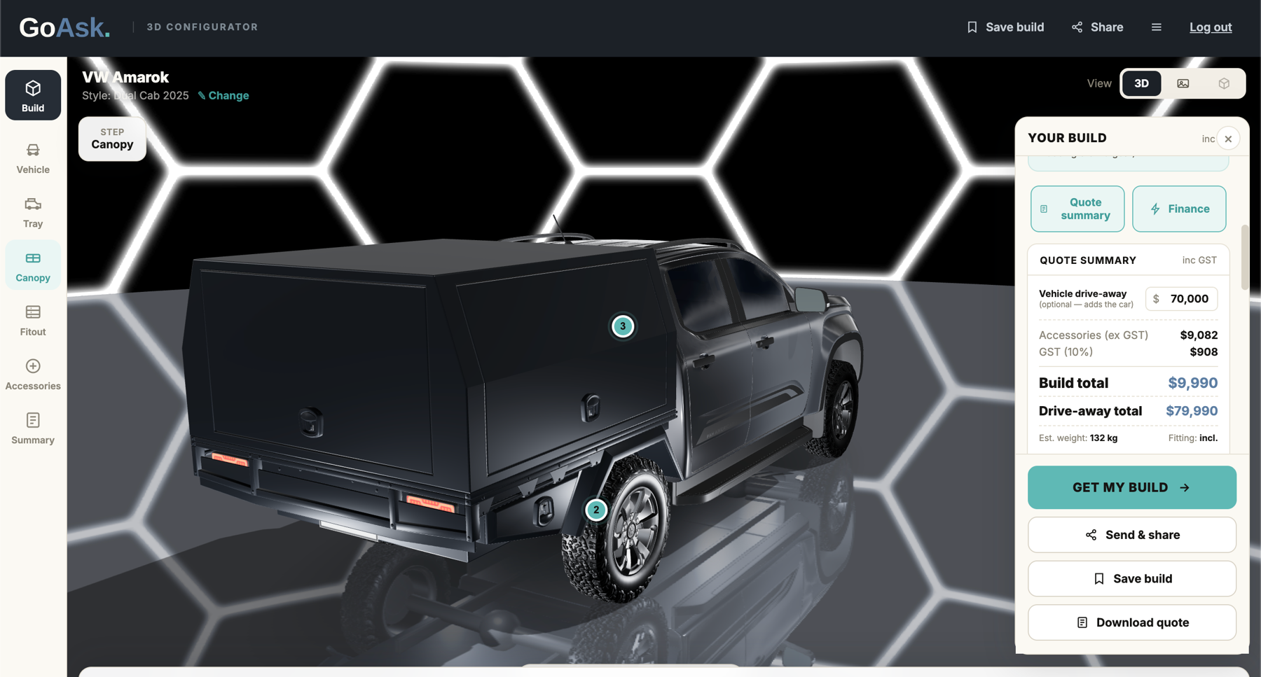 The GoAsk 3D Configurator showing a VW Amarok build with a black canopy under hexagon studio lights, with two numbered hotspots and the YOUR BUILD quote summary panel open - a $9,990 build total and $79,990 drive-away.