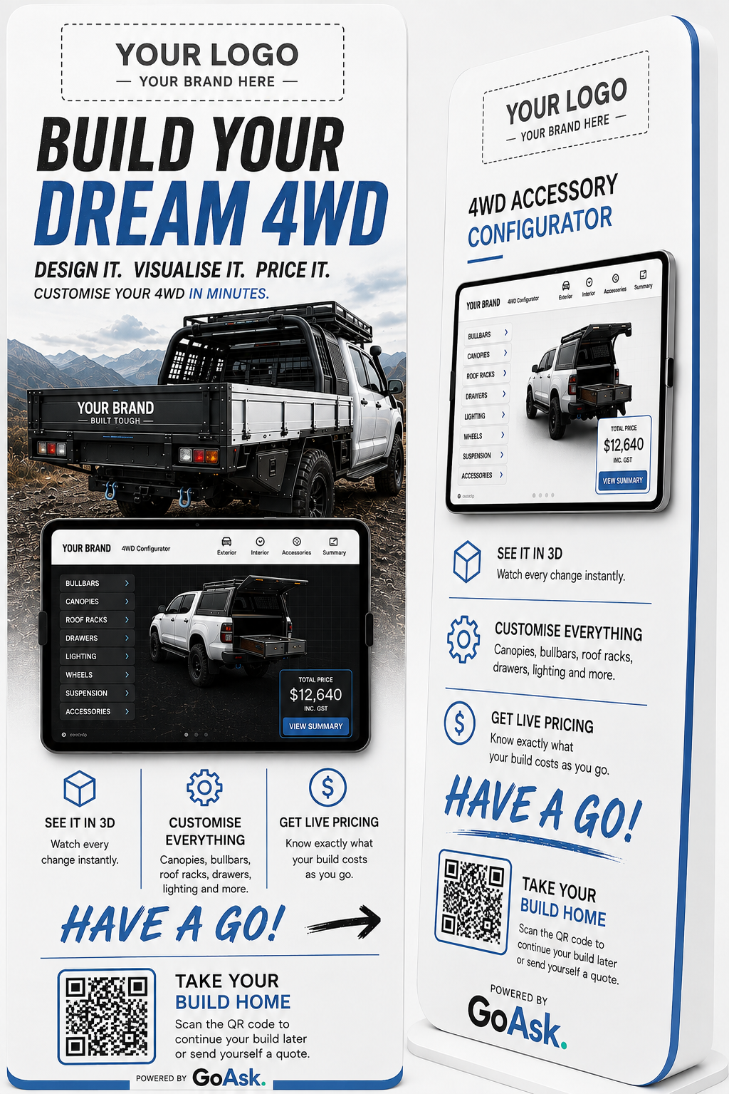 Optional white-labelled 3D Configurator kiosk and pull-up banner for dealer showrooms and 4x4 expos, branded to the manufacturer with Powered by GoAsk at the base.